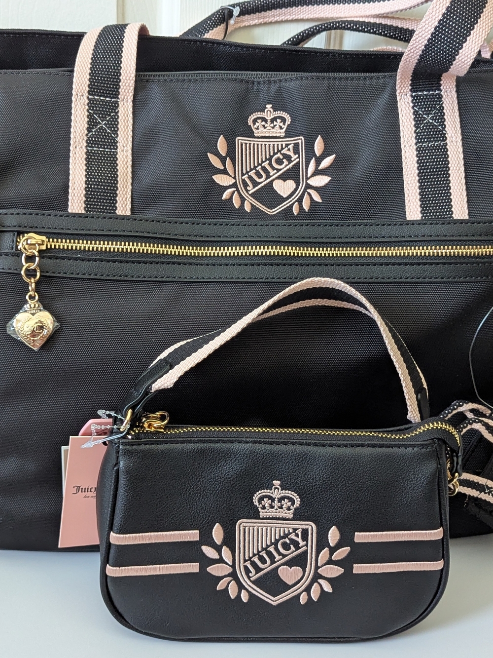 Juicy Couture Black & Pink Logo Weekender XL Tote and Wristlet Set
